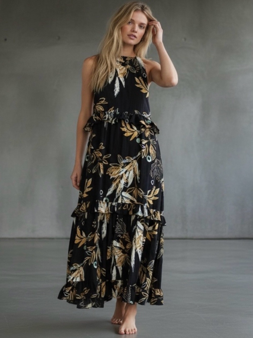 Free People Anita Printed Maxi Dress Black Size Large Tropical Halter Bohemian
